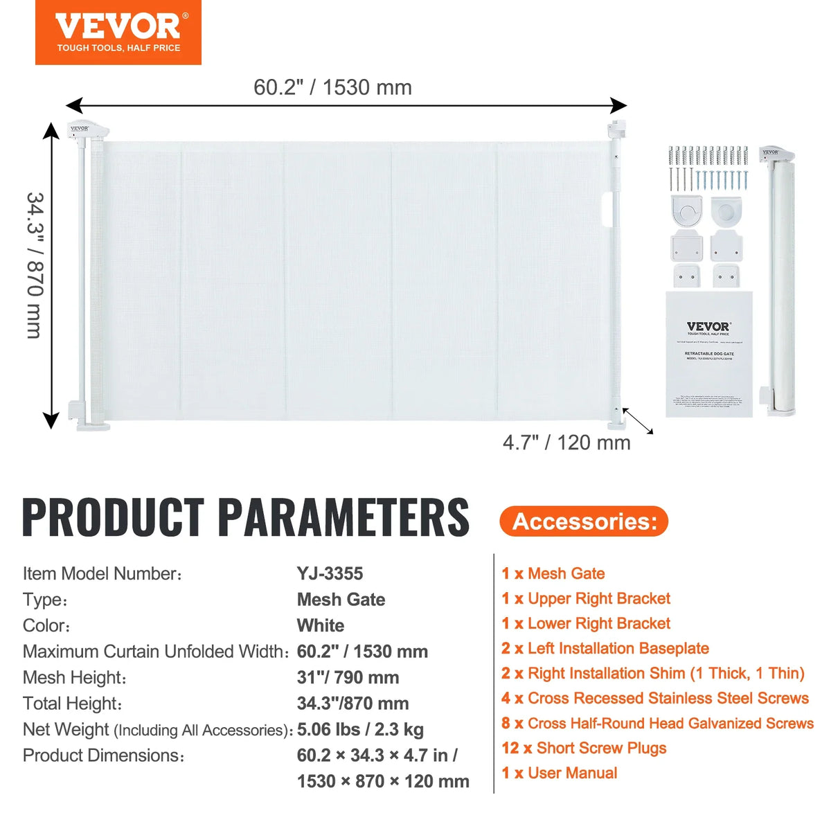 VEVOR Retractable Baby Gate Tall Mesh Baby Gate Extends up to  Wide Retractable Gate for Kids or Pets Retractable Dog Gates