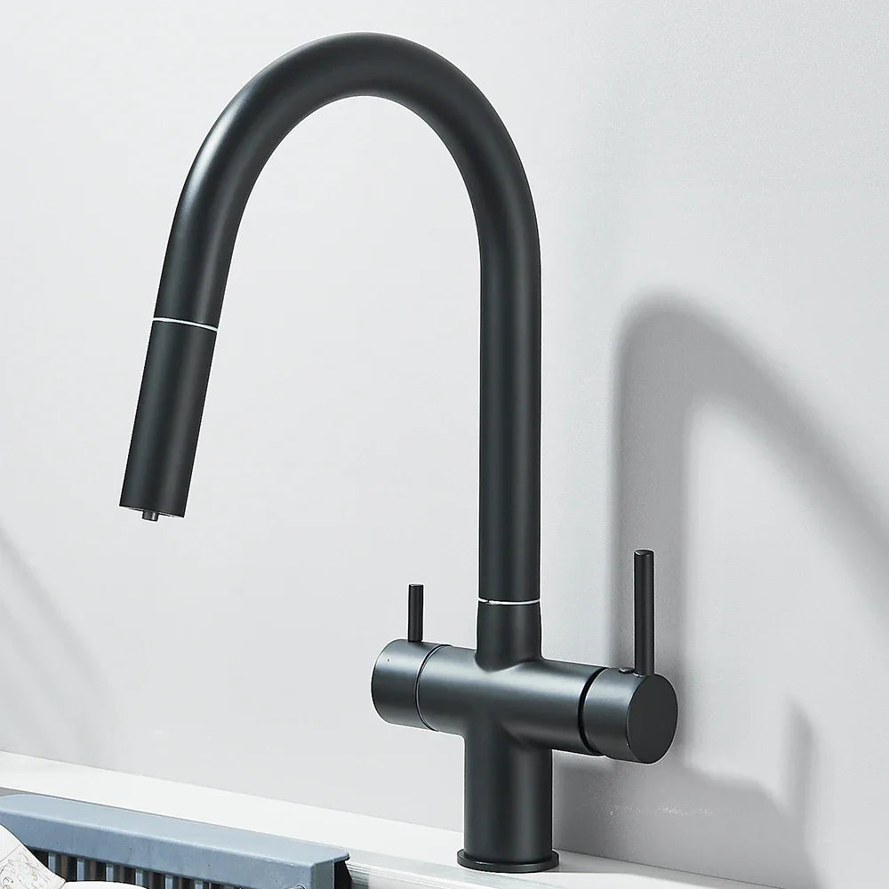 Filtered Kitchen Sink Faucet With Retractable Sprayer Brass Water Filter Tap Drinking Water Tap Vessel Sink Mixer For Kitchen