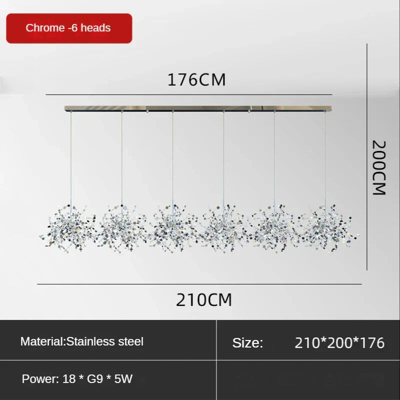 Sequin Leaf Ceiling Chandelier Gold 6-Head Long