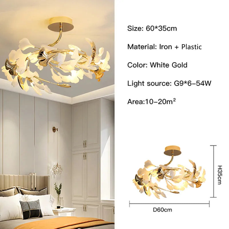 Gold Branch Chandelier With Porcelain Leaves