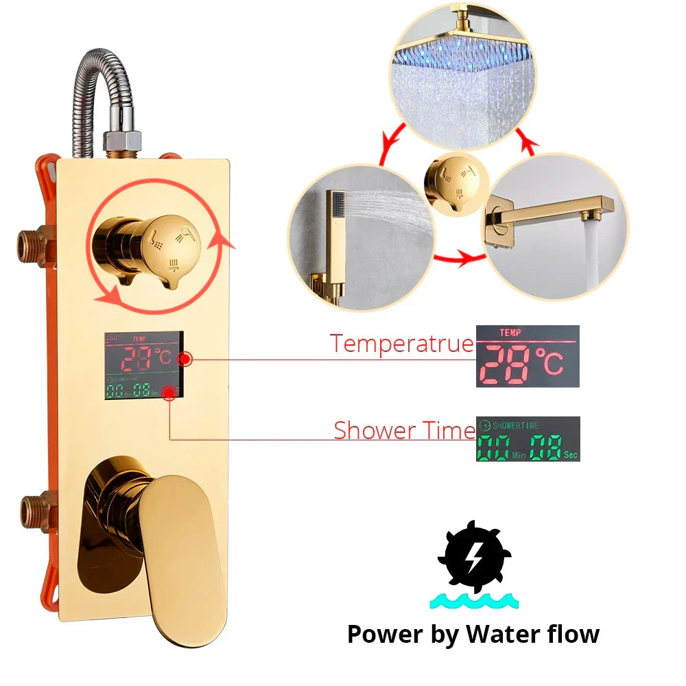 Gold LED Rainfall Shower 16-Inch Set
