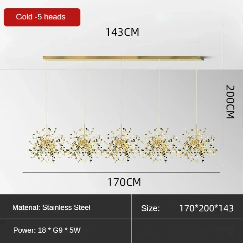 Sequin Leaf Ceiling Chandelier Gold 6-Head Long