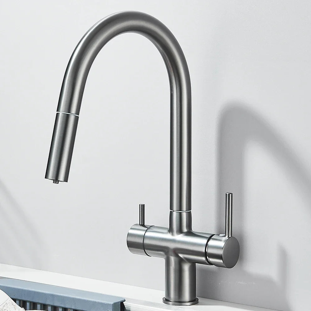 Filtered Kitchen Sink Faucet With Retractable Sprayer Brass Water Filter Tap Drinking Water Tap Vessel Sink Mixer For Kitchen