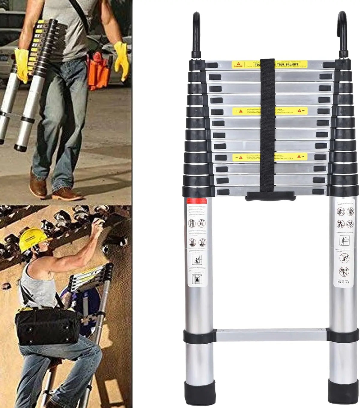 DayPlus 5M Telescopic Ladder with hooks,16.5FT Multi-Purpose Folding Aluminium Foldable Ladder Extension Loft Ladder,330lb EN131