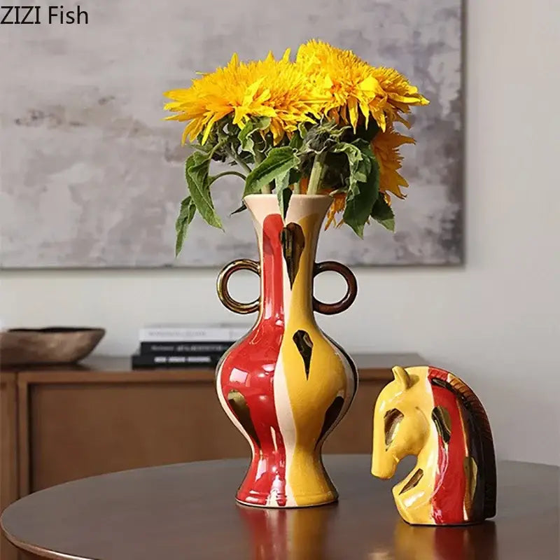 Yellow Red Ceramic Vase