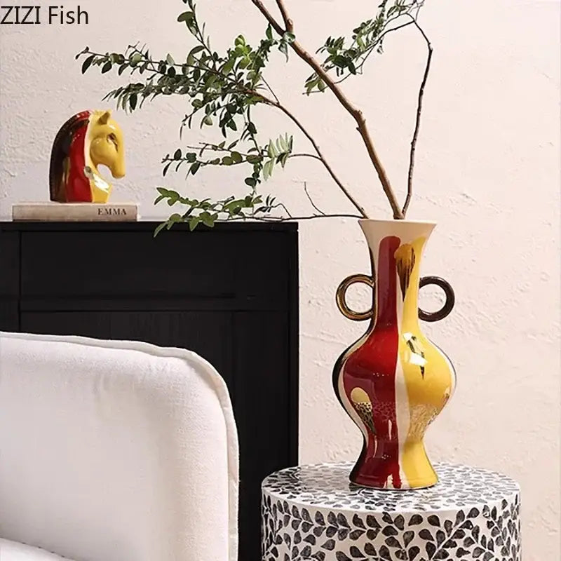 Yellow Red Ceramic Vase