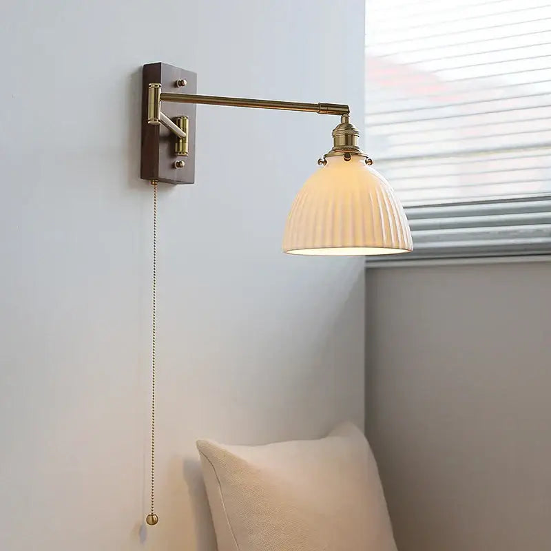 Brass Adjustable Wall Sconce with Ribbed Glass