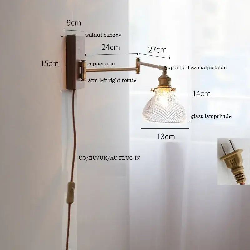 Brass Adjustable Wall Sconce with Ribbed Glass