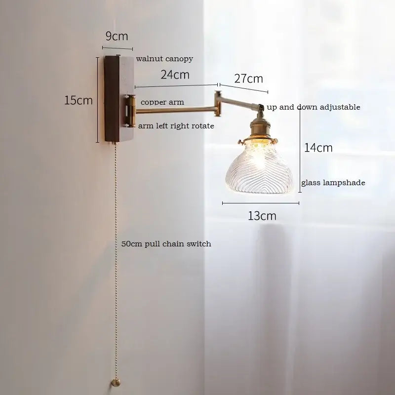 Brass Adjustable Wall Sconce with Ribbed Glass
