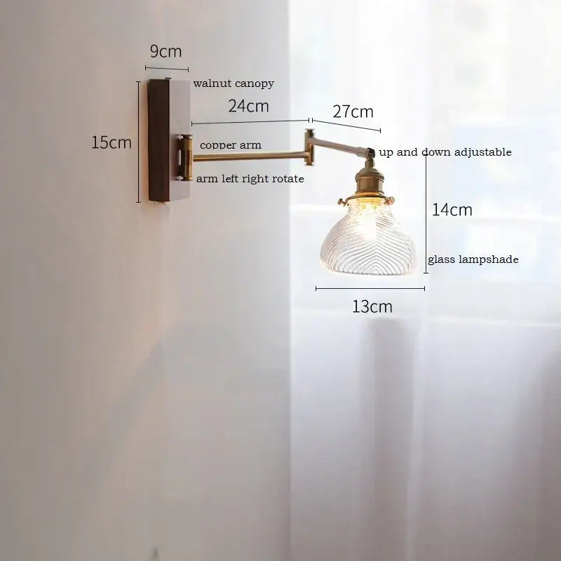 Brass Adjustable Wall Sconce with Ribbed Glass