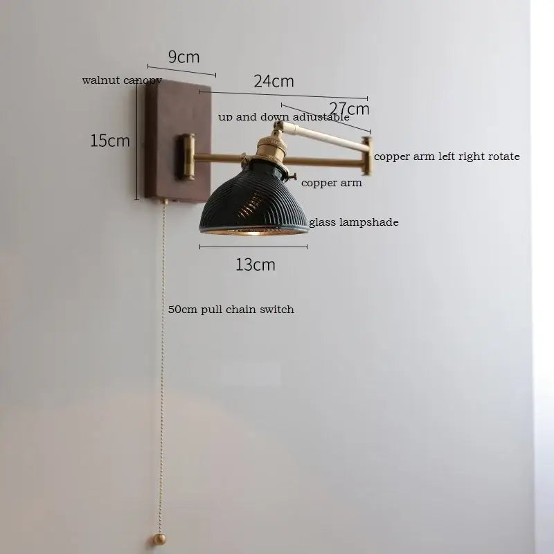 Brass Adjustable Wall Sconce with Ribbed Glass