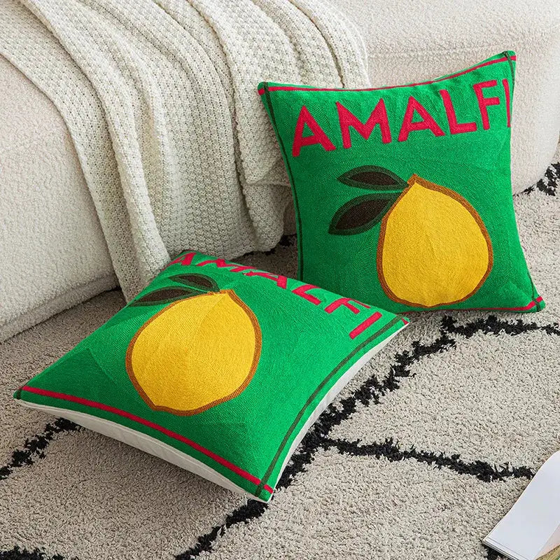 Green Lemon Embroidered Cushion