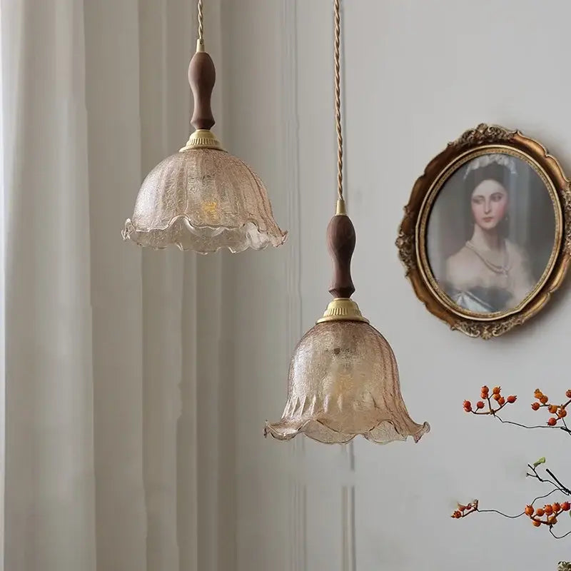 Amber Glass Walnut-Copper Kitchen Pendant Lamp