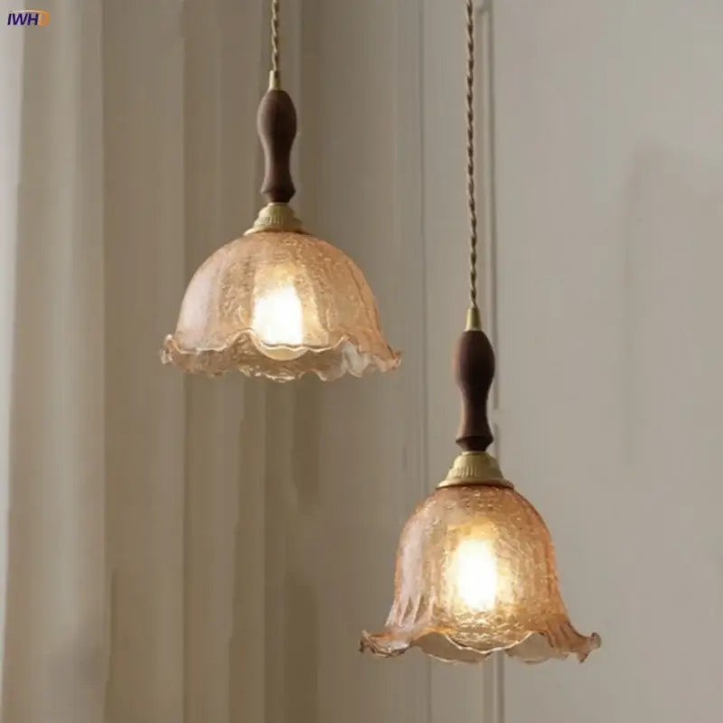 Amber Glass Walnut-Copper Kitchen Pendant Lamp