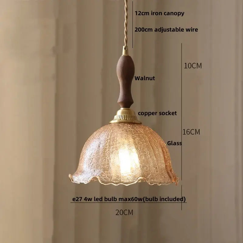 Amber Glass Walnut-Copper Kitchen Pendant Lamp