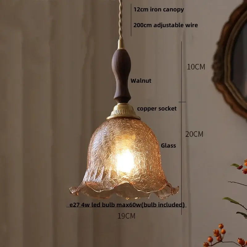 Amber Glass Walnut-Copper Kitchen Pendant Lamp