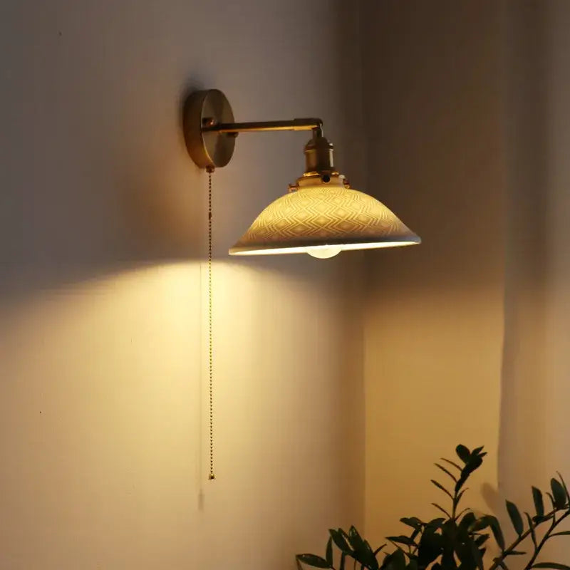 Brass Ribbed Glass Wall Lamp with Pull Chain