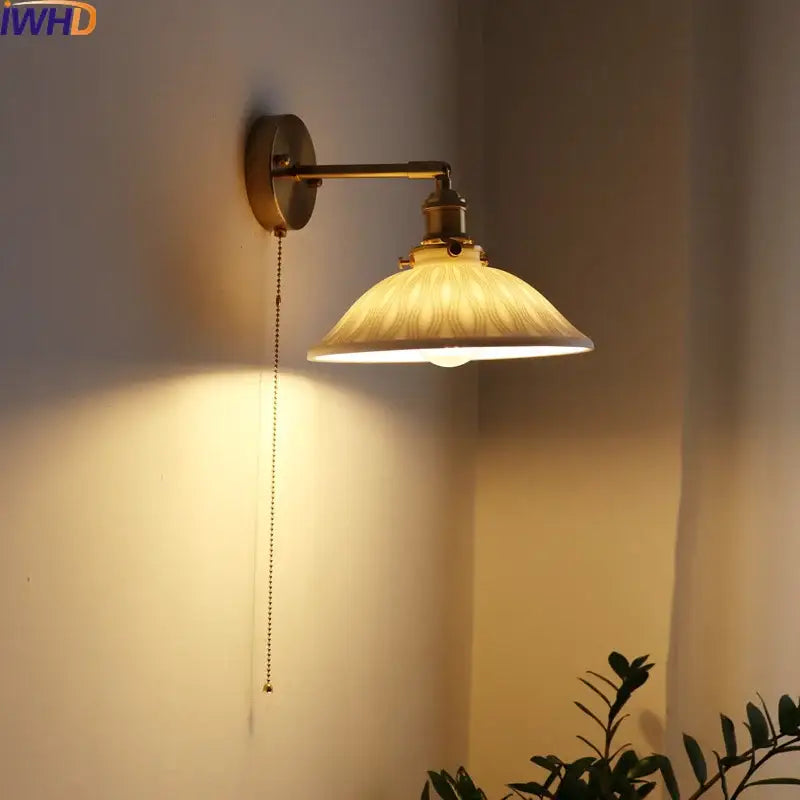 Brass Ribbed Glass Wall Lamp with Pull Chain
