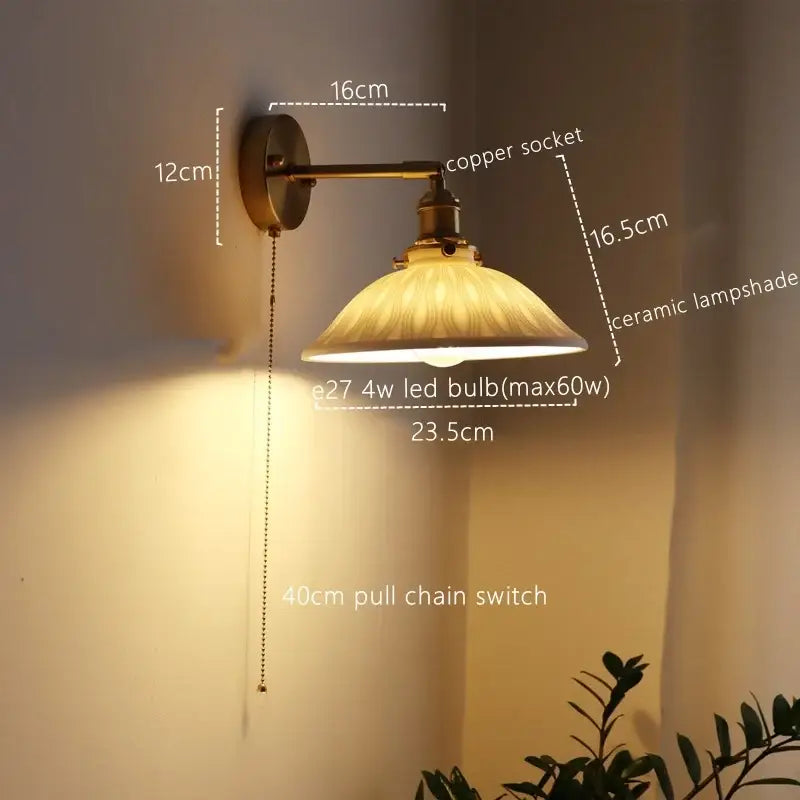 Brass Ribbed Glass Wall Lamp with Pull Chain