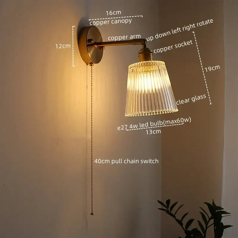 Brass Glass Wall Sconce With Pull Chain Switch
