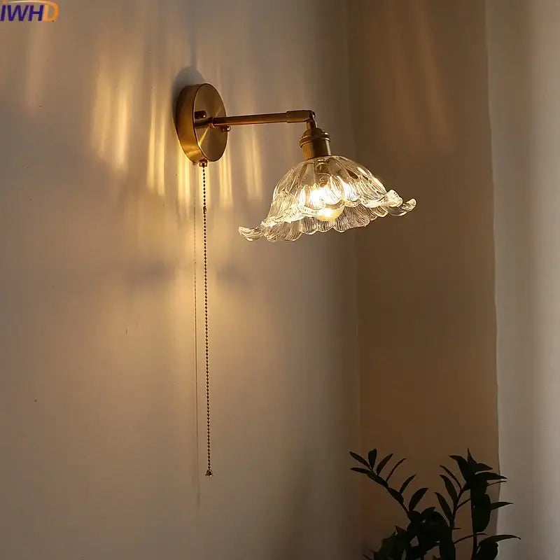 Brass Glass Wall Sconce With Pull Chain Switch