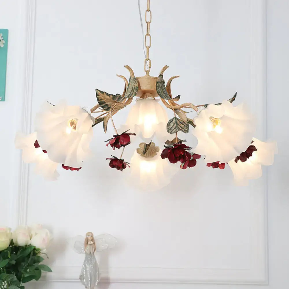 Brass Porcelain Floral Chandelier
