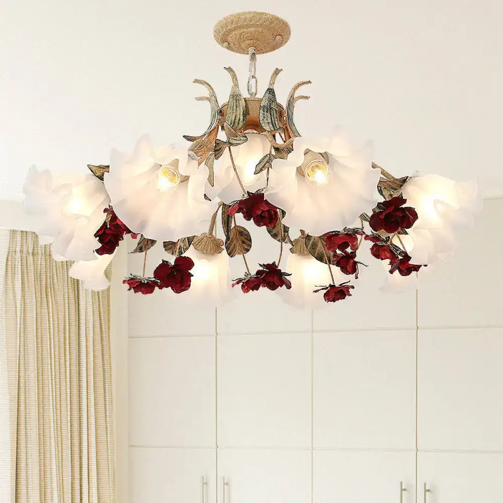 Brass Porcelain Floral Chandelier