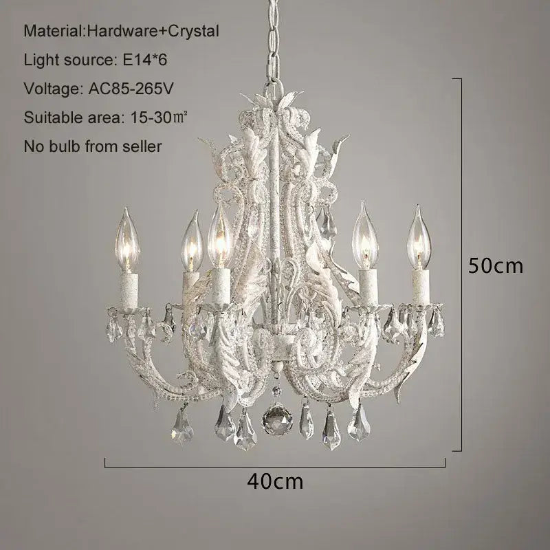 White Iron Crystal Chandelier 6-Head Vintage