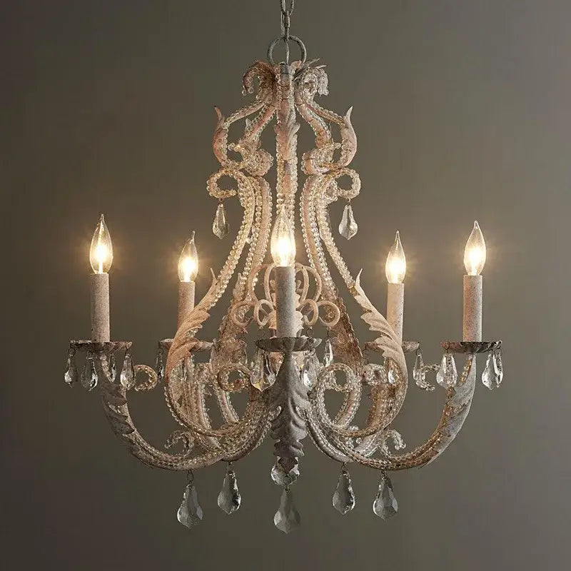 White Iron Crystal Chandelier 6-Head Vintage