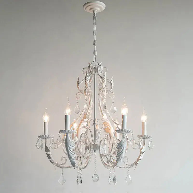 White Iron Crystal Chandelier 6-Head Vintage