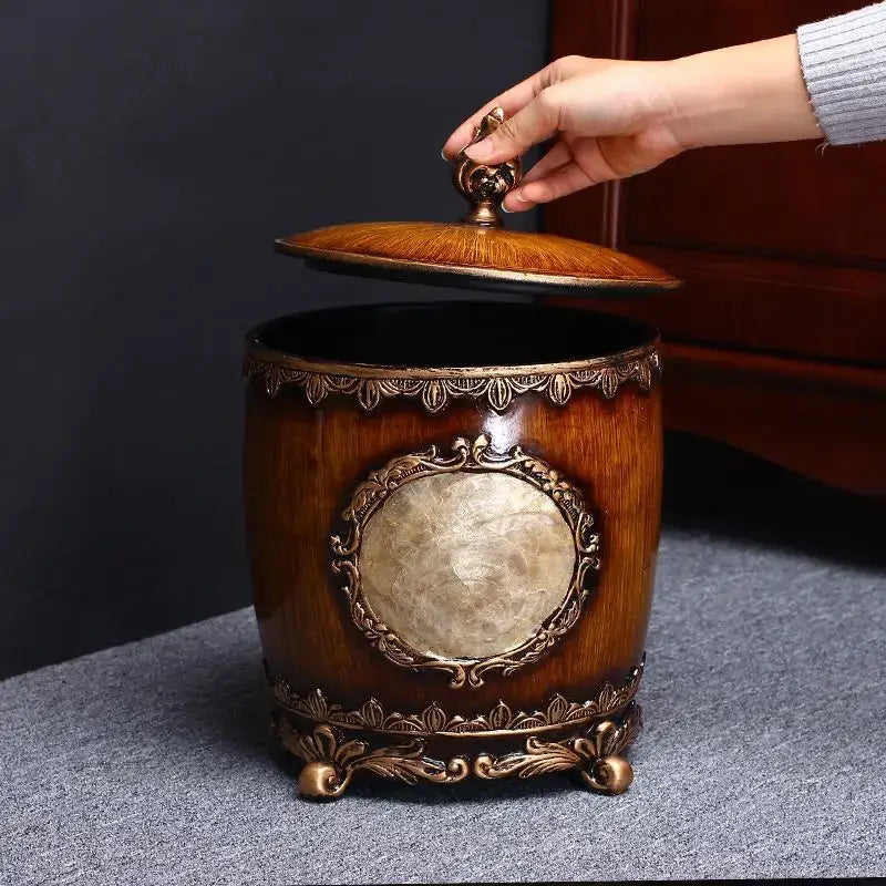 Wood Gold Covered Trash Can