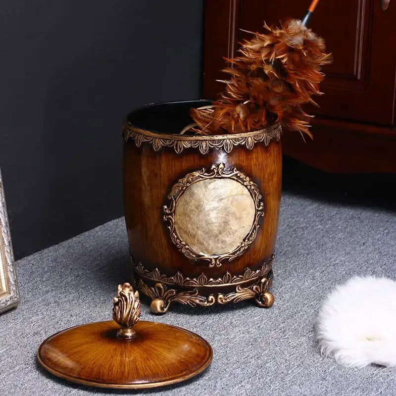 Wood Gold Covered Trash Can