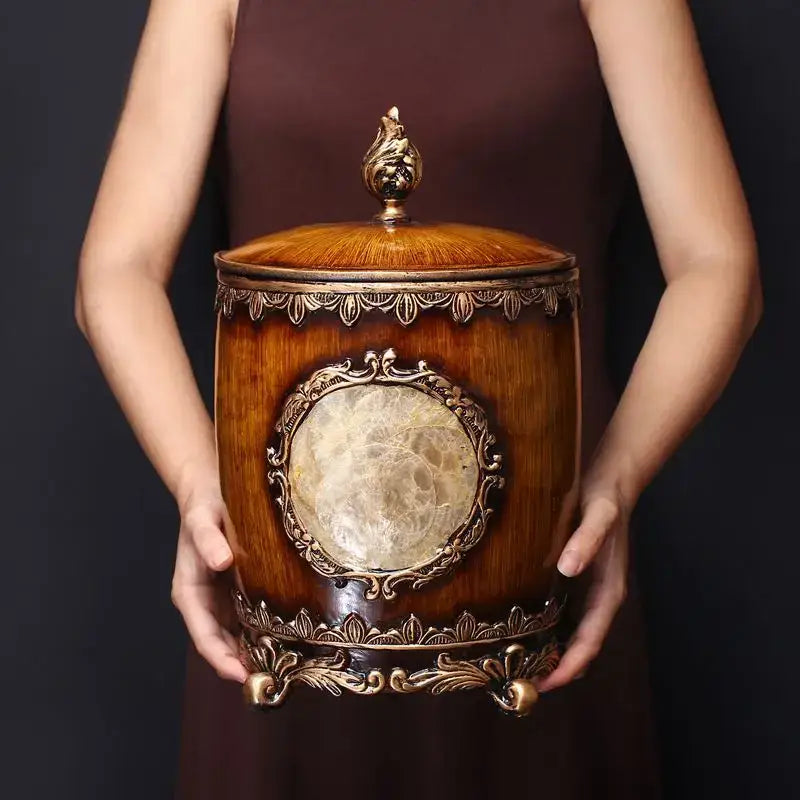 Wood Gold Covered Trash Can