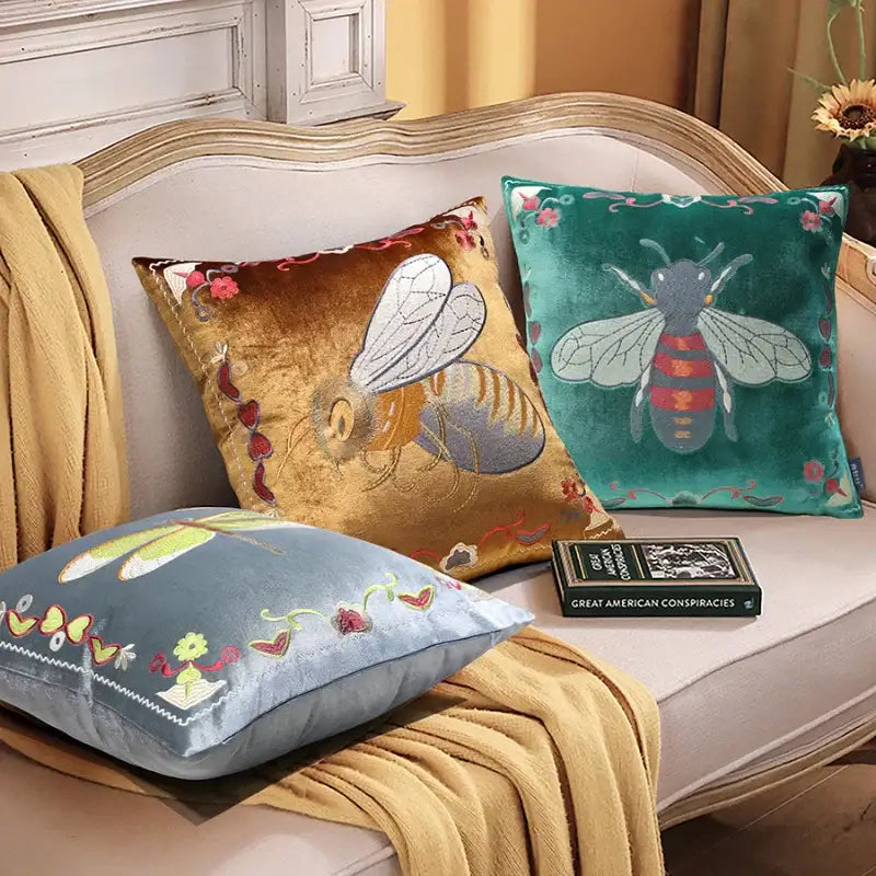 Bee Embroidery Cushion Cover