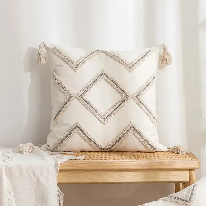 Beige Geometric Embroidered Cushion