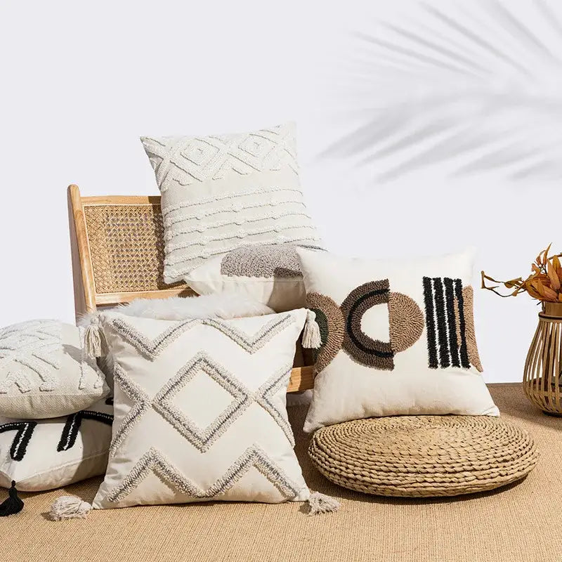 Beige Geometric Embroidered Cushion