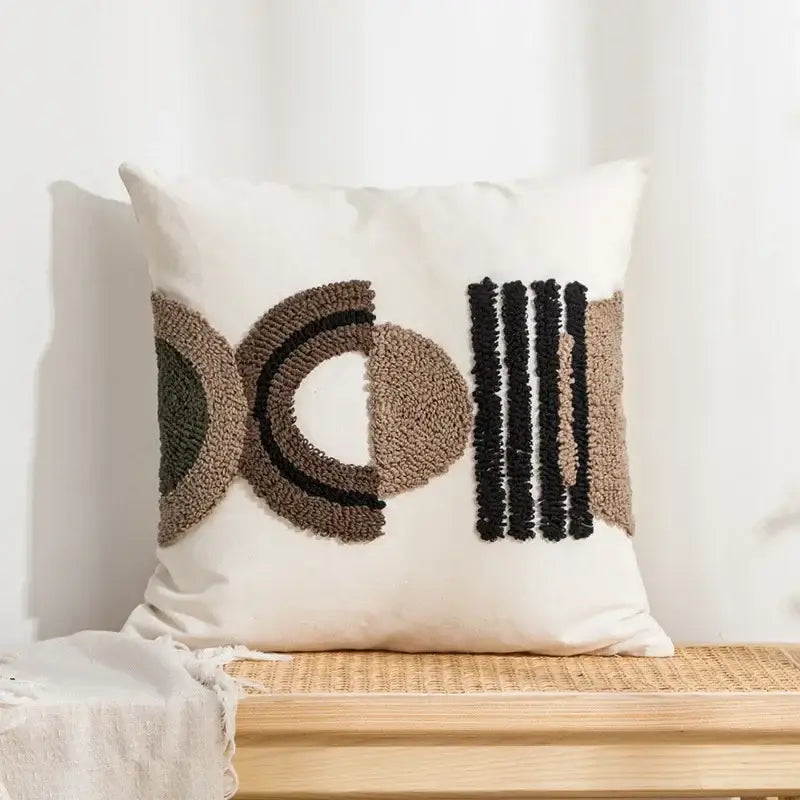 Beige Geometric Embroidered Cushion