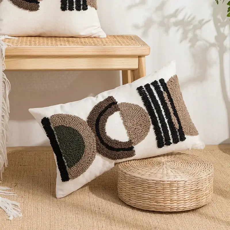Beige Geometric Embroidered Cushion