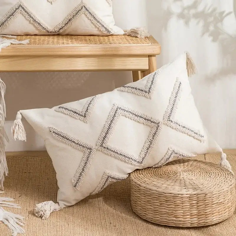 Beige Geometric Embroidered Cushion