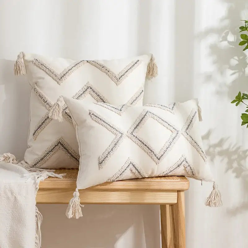 Beige Geometric Embroidered Cushion