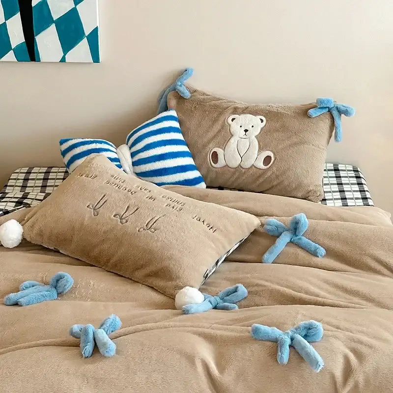 Velvet Beige Blue Duvet Set