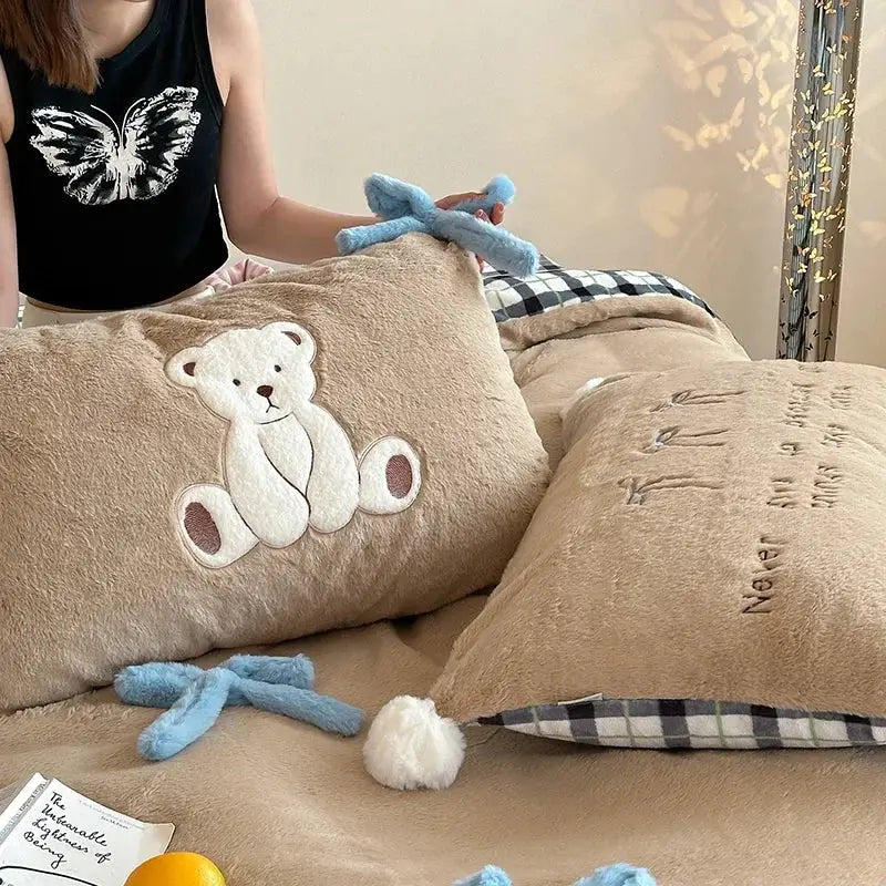 Velvet Beige Blue Duvet Set