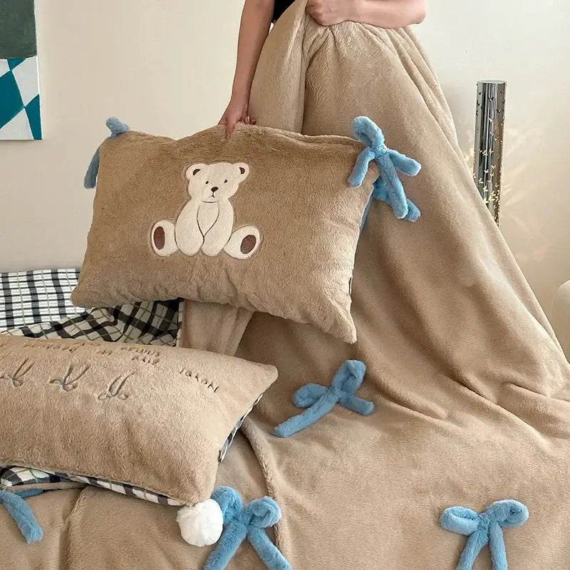 Velvet Beige Blue Duvet Set