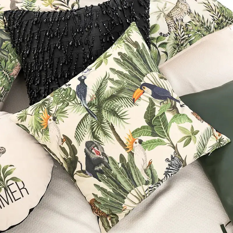 Beige Jungle Velvet Cushion