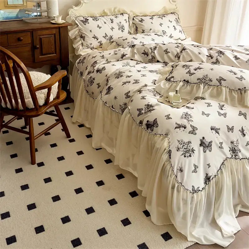 Beige Lace Ruffles Bedding Set