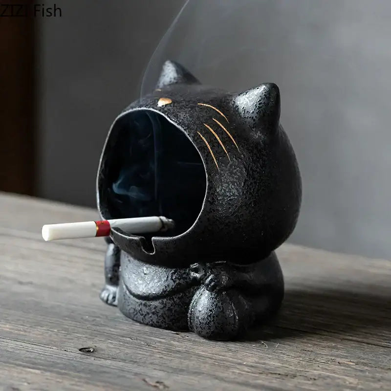 Black Ceramic Cat Ashtray