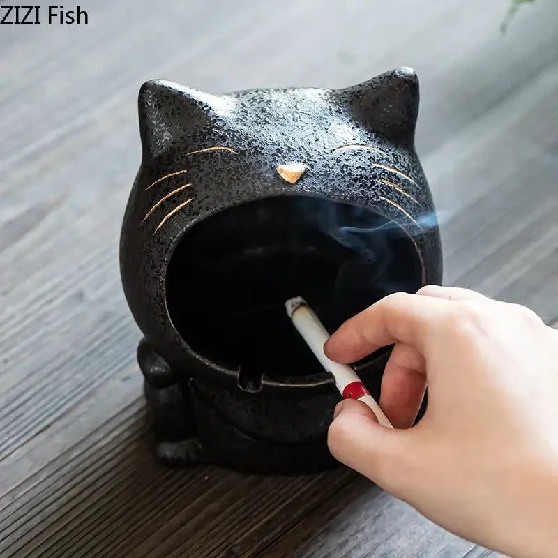 Black Ceramic Cat Ashtray