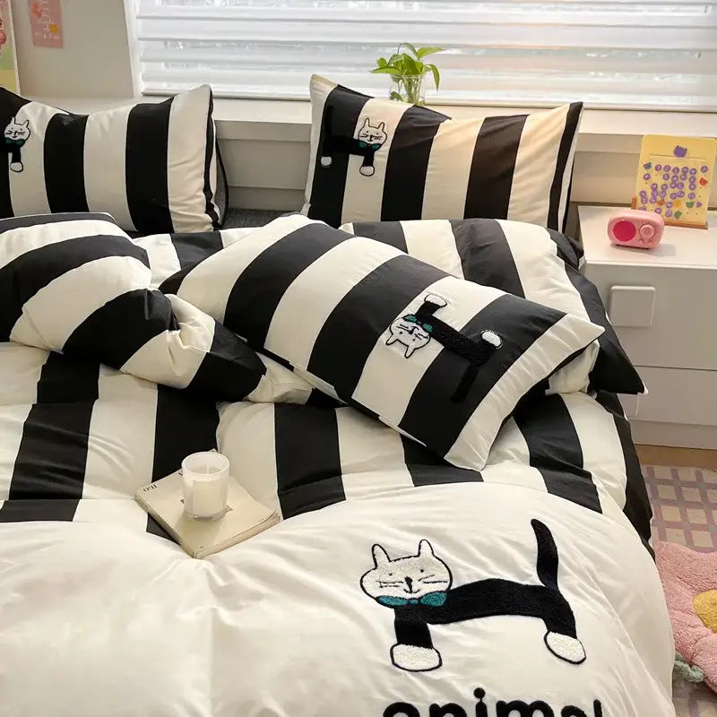 Black Gray Cat Bedding Set