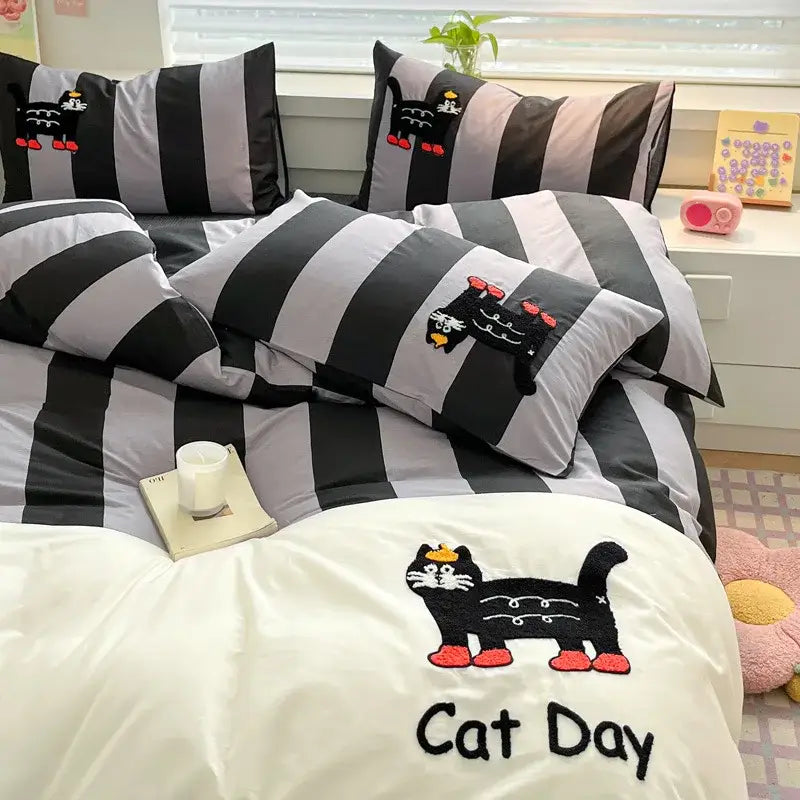 Black Gray Cat Bedding Set