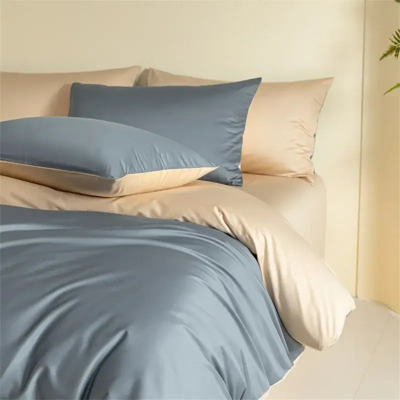 Blue Beige Egyptian Cotton Queen Bedding Set